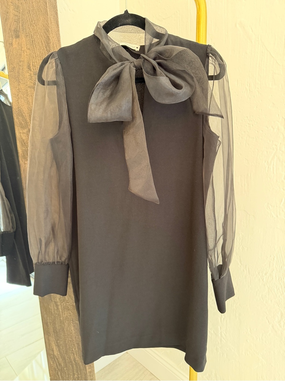Zara Black Mini Dress Sheer Organza Sleeves Bow Tie Neck Size S Evening Cocktail